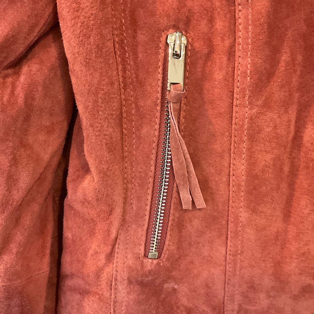 MNG Mango Leather biker fringed jacket with zipper detail, mauve color, Sz M - Picture 9 of 16